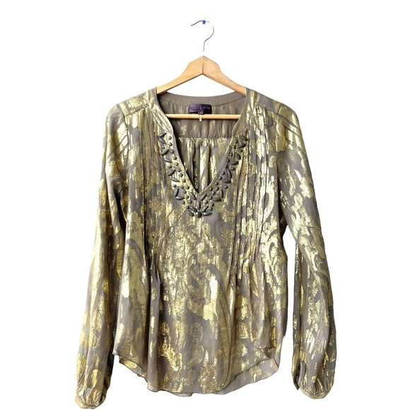 HALE BOB Top Silk Lurex Metallic Burnout Jewels V-neck Long Sleeve Blouse Size S - Picture 2 of 5